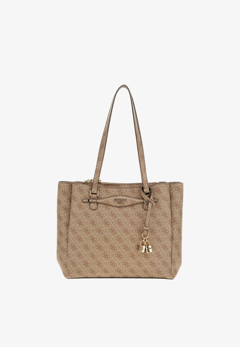 Borsa a tracolla beige con un motivo testurizzato, doppie spalline e dettagli in metallo dorato. Presenta una chiusura con zip e charm decorativi.