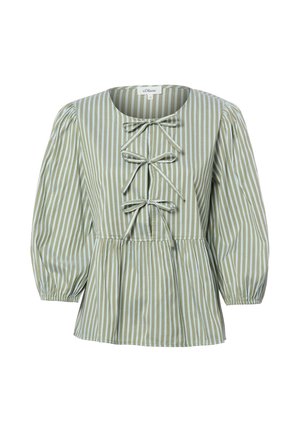 Blouse à rayures verticales vertes et blanches avec trois nœuds sur le devant, encolure ronde, taille marquée et longues manches bouffantes avec poignets élastiques.