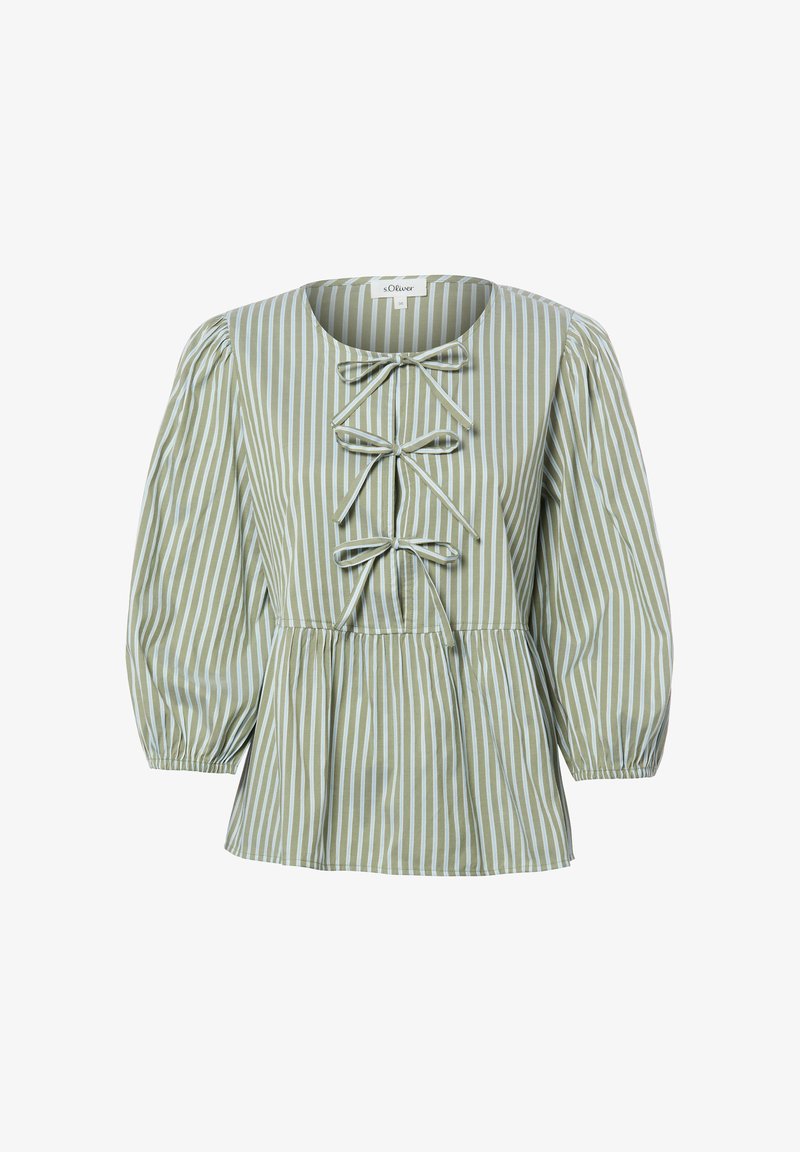 Grün-weiß vertikal gestreifte Bluse mit drei vorderen Schleifen, rundem Ausschnitt, geraffter Taille und langen, gepufften Ärmeln mit elastischen Bündchen.
