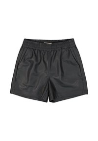Pantalones cortos de imitación cuero negro con cinturilla elástica, diseño plisado y textura suave, que cuentan con dos bolsillos laterales y un corte entallado.