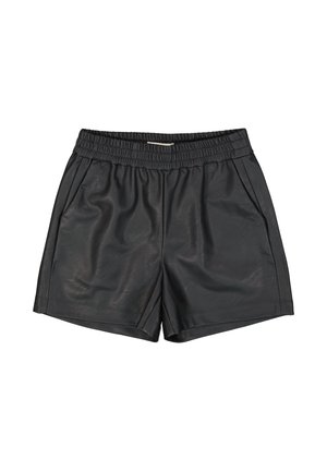 Pantalones cortos de imitación cuero negro con cinturilla elástica, diseño plisado y textura suave, que cuentan con dos bolsillos laterales y un corte entallado.