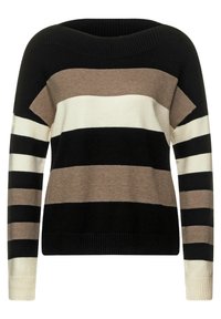 Randig tröja med svarta, beige och krämfärgade horisontella ränder. Mjukt stickat material med vid ringning och ribbade ärmslut.