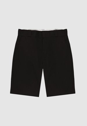 Black shorts with a smooth fabric, flat front, two side pockets, and belt loops. Straight-cut legs, clean edges, and no visible patterns.