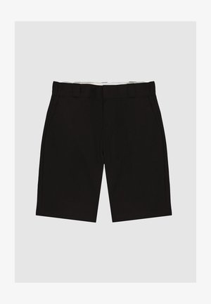 Black shorts with a smooth fabric, flat front, two side pockets, and belt loops. Straight-cut legs, clean edges, and no visible patterns.