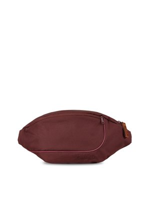 Bordeauxfarbener Bauchtasche mit abgerundeter Form, einem Reißverschluss-Hauptfach und einem Lederakzent. Verfügt über ein dezentes Markenlogo an der Seite.