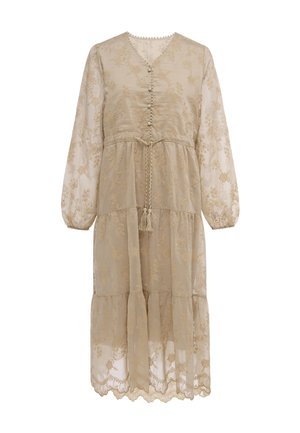 Beige gennemsigtig midi kjole med blomsterbroderi, lange pufærmer, knapper foran, bølget kant og bindebånd i taljen med kvaster.