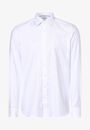 Weißes langärmliges Hemd aus glattem Stoff mit klassischem Kragen, Knopfleiste und geknöpften Manschetten. Einfaches Design, ohne Muster.