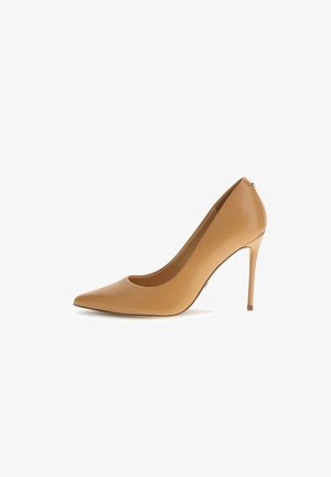 Scarpa con tacco alto a punta in pelle marrone liscia, con una silhouette elegante, tacco sottile e una discreta zip posteriore.