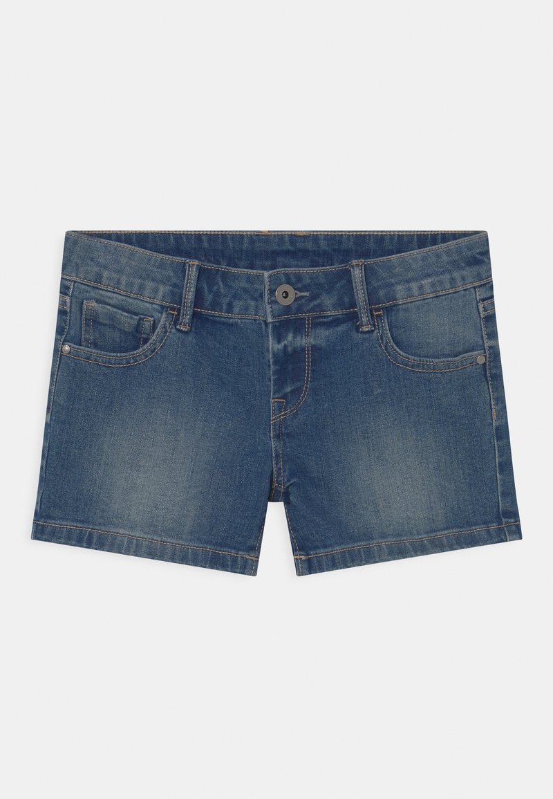 Denimshorts in einer mittleren Blauwäsche mit einem klassischen Fünf-Taschen-Design, geradem Schnitt und Stickdetails. Metallknopfverschluss an der Taille.