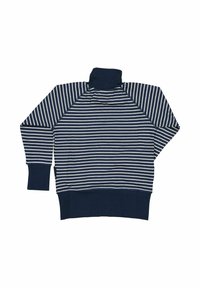 Randig polotröja i marinblått och vitt, med ribbad krage och ärmslut, avslappnad passform och mjukt bomullsmaterial.