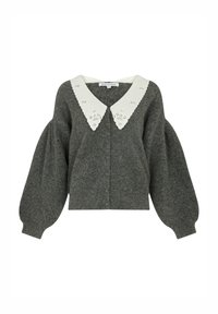 Grau gestrickter Pullover mit tiefem V-Ausschnitt und übergroßem weißem Kragen mit ausgeschnittenen Blumenmotiven. Voluminöse, gepuffte Ärmel und kurz geschnittenes Design.