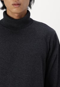 Uomo che indossa un maglione a collo alto grigio scuro, che mostra il collo, le labbra e la parte superiore del petto su uno sfondo bianco semplice.
