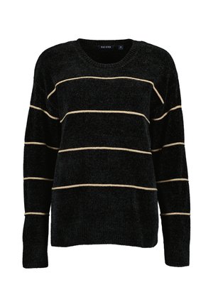 Zwarte gebreide trui met lange mouwen en ronde hals, met vier dunne beige horizontale strepen over het lichaam en de mouwen.