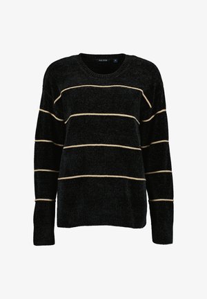 Schwarzer langärmliger Strickpullover mit Rundhalsausschnitt, mit vier dünnen beigen horizontalen Streifen über den Körper und die Ärmel.