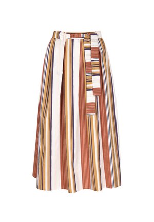 Gestreepte midi-jurk gemaakt van lichte stof. Heeft bruine, gele en blauwe strepen met een tailleband en zijstrikjes.