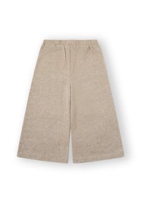 Pantalones de pierna ancha beige, confeccionados en una tela texturizada con cinturilla elástica, que presentan un sutil patrón jaspeado y un ajuste holgado y relajado.