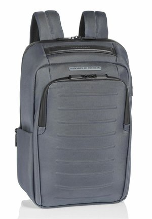 Gray backpack with a textured surface, padded back panel, adjustable straps, and a zippered compartment. Notable black accents on hardware.