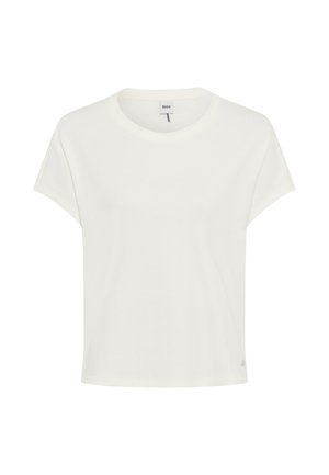 Simpel hvid T-shirt med korte ærmer og rund hals, med en lille mærkat inde i halsudskæringen og en lille logodetalje nær kanten.