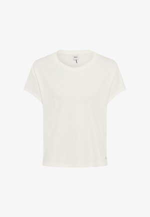 Simpel hvid T-shirt med korte ærmer og rund hals, med en lille mærkat inde i halsudskæringen og en lille logodetalje nær kanten.