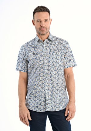 Camisa de manga corta con botones en blanco, con un patrón floral azul. Diseñada con un bolsillo en el pecho y un corte regular. Material de mezcla de algodón.