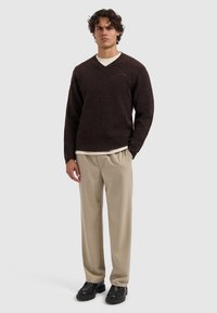 Donkerbruin gebreid V-hals trui gecombineerd met een beige relaxed-fit broek en zwarte schoenen. Model staat tegen een neutrale achtergrond.