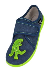 Marineblaue Canvas-Slipper mit grünen Akzenten, versehen mit einer strukturierten grünen Dinosaurier-Applikation und Klettverschluss. Weiches Innenfutter, flexible Sohle.