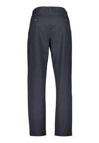 Pantaloni blu scuri con vestibilità dritta, caratterizzati da una texture liscia, due tasche posteriori con bottoni e una vita con passanti per cintura.