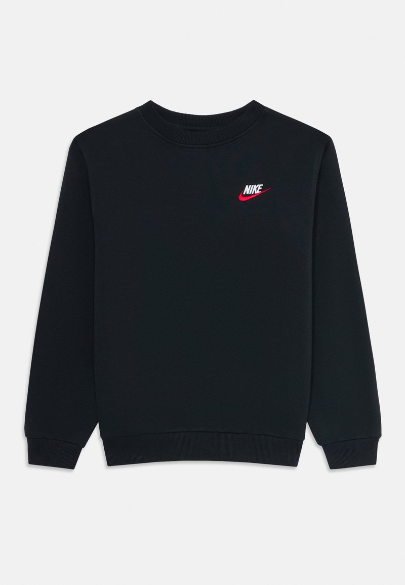 Sweatshirt Nike de mangas longas, preto, com gola redonda, punhos e bainha canelados, apresentando um pequeno logótipo Nike vermelho e branco no lado esquerdo do peito.