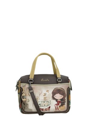 Piccola borsa a mano con manici beige e marroni, con illustrazione di una bambina dei cartoni animati, portachiavi e la frase "Conosci te stesso."