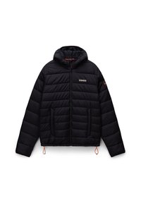 Black puffer jacket with a hood, zip closure, two front pockets, and textured quilted pattern. Features an orange drawstring at the hem.