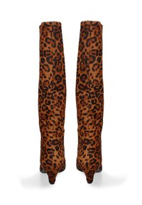Leopard print knee-high boots with a soft, textured finish, featuring a pointed toe and a slim, high heel.