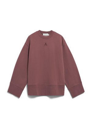 Mauve crewneck sweatshirt met lange mouwen, brede manchetten en een klein geborduurd logo in het midden onder de halslijn.