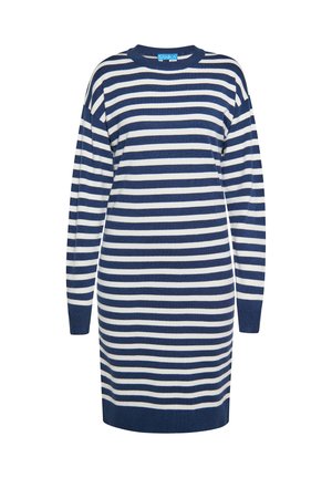 Gestreepte trui jurk in marineblauw en crème, met een ronde halslijn, lange mouwen en een ontspannen pasvorm, gemaakt van zacht gebreid materiaal.