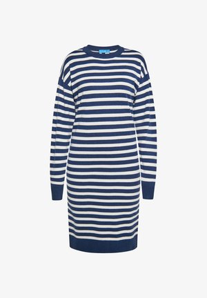 Vestito a maglia rigato in blu navy e crema, con scollatura rotonda, maniche lunghe e vestibilità comoda, realizzato in morbido tessuto a maglia.