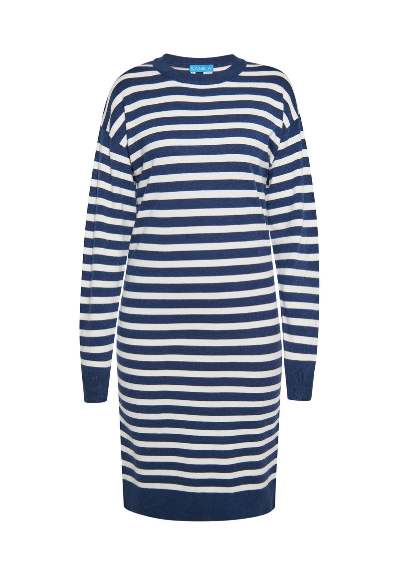Rochie tricotată cu dungi în nuanțe de navy și crem, cu guler rotund, mâneci lungi și croială lejeră, realizată dintr-un material tricotat moale.