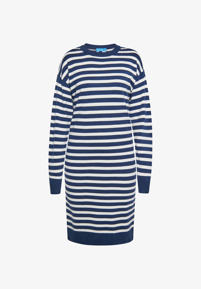 Csíkos pulóverruha sötétkék és krém színben, kerek nyakkivágással, hosszú ujjakkal és laza szabással, puha kötött anyagból készült.