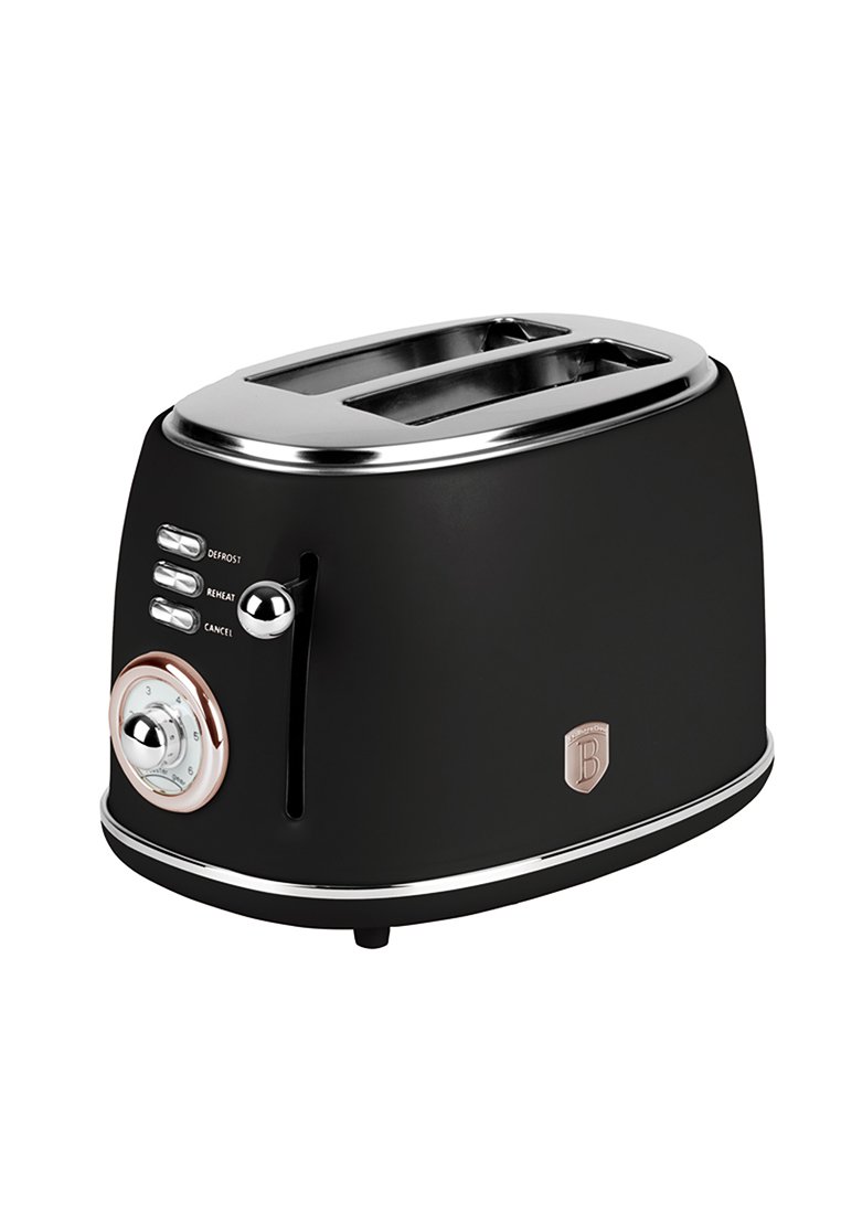 Schwarzer Toaster für zwei Scheiben mit verchromten Akzenten, Hebel, einem Wähler mit sechs Einstellungen und Tasten auf der Vorderseite, die mit Auftauen, Wiedererwärmen und Abbrechen beschriftet sind.