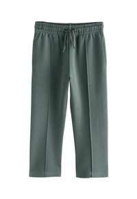 Green cotton blend jogger pants with an elastic waistband, drawstring, and two side pockets. Straight leg design with a soft texture.