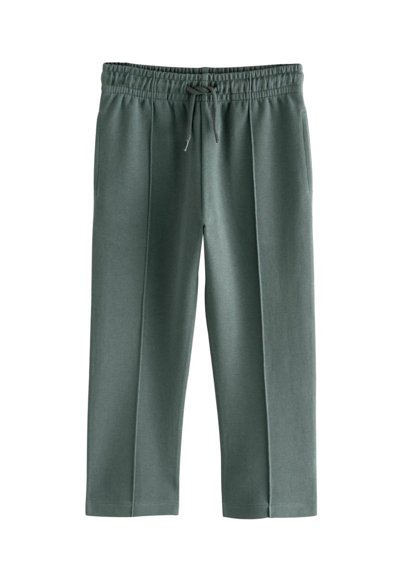 Green cotton blend jogger pants with an elastic waistband, drawstring, and two side pockets. Straight leg design with a soft texture.