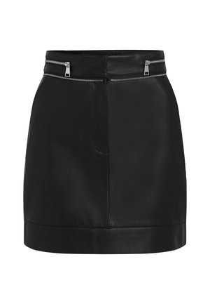 Schwarzer Leder-Minirock mit einer figurbetonten Silhouette. Verfügt über eine glatte Textur, einen Bund und zwei seitliche Reißverschlusstaschen.