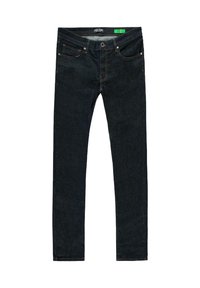 Donkerblauwe denim jeans met een slim fit. Beschikt over vijf zakken, metalen hardware en contrasterende stiksels. De stof heeft een gladde textuur.