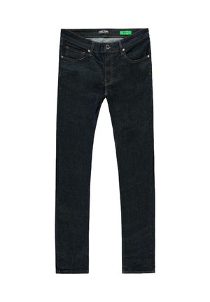 Donkerblauwe denim jeans met een slim fit. Beschikt over vijf zakken, metalen hardware en contrasterende stiksels. De stof heeft een gladde textuur.