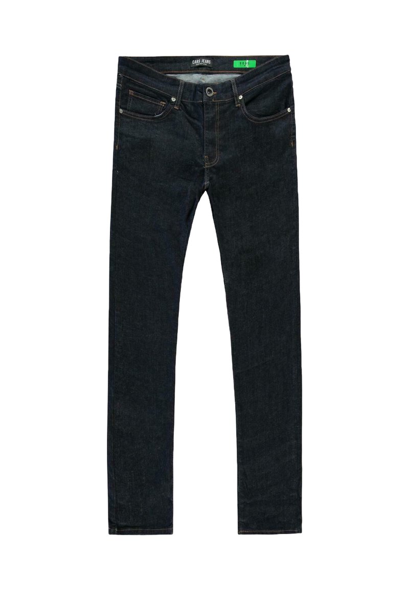 Donkerblauwe denim jeans met een slim fit. Beschikt over vijf zakken, metalen hardware en contrasterende stiksels. De stof heeft een gladde textuur.