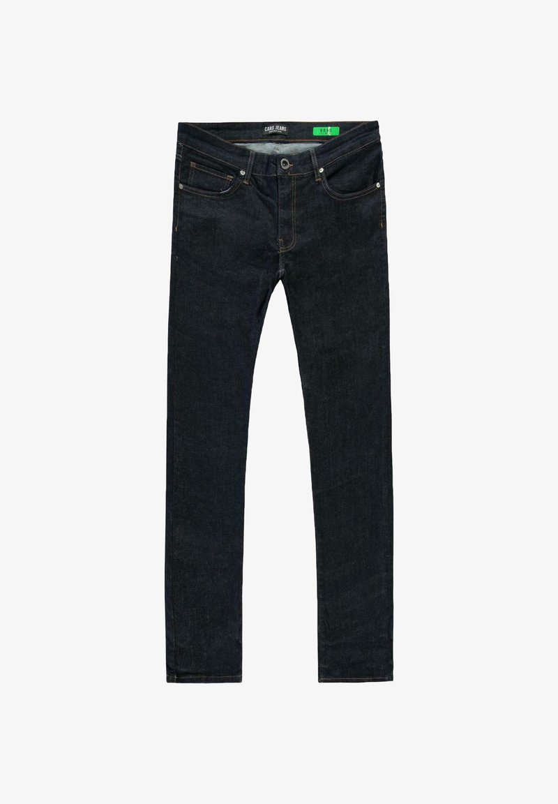 Donkerblauwe denim jeans met een slim fit. Beschikt over vijf zakken, metalen hardware en contrasterende stiksels. De stof heeft een gladde textuur.
