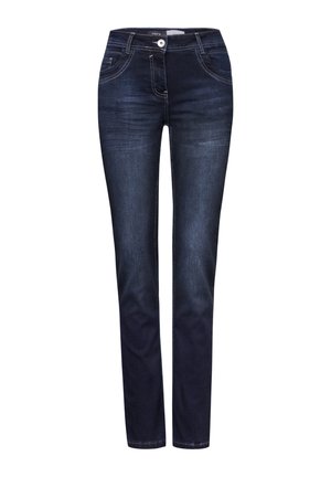 Jeans in denim blu scuro con vestibilità slim, dotati di chiusura a bottone, tasche anteriori e una trama leggermente sbiadita per un tocco di dettaglio.