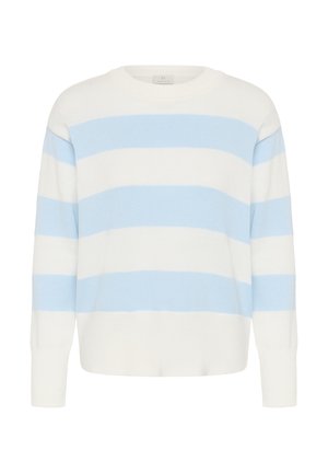 Valge kootud kampsun laia horisontaalse helesinise triipudega ja pikkade varrukatega ühtlasel taustal.