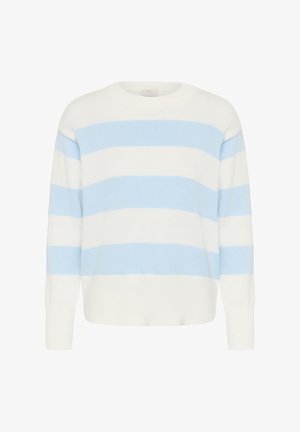 Valge kootud kampsun laia horisontaalse helesinise triipudega ja pikkade varrukatega ühtlasel taustal.