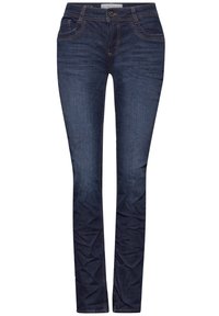 Jeans slim fit bleu foncé en denim, avec cinq poches, des coutures contrastantes et une simple fermeture à bouton en métal à la taille.