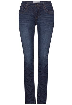Slim-fit tummansiniset farkut, jotka on valmistettu denimistä. Niissä on viisi taskua, kontrasstitikkaus ja yksinkertainen metallinen nappisulku vyötäröllä.