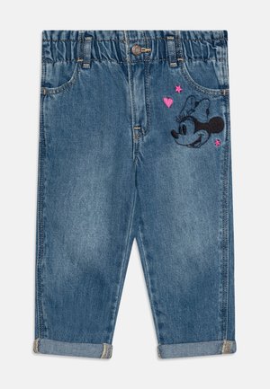 Jean bleu pour tout-petit avec ceinture élastique, bas de jambes resserrés, et visage de Minnie Mouse brodé avec des coeurs roses et des étoiles sur la poche avant droite.